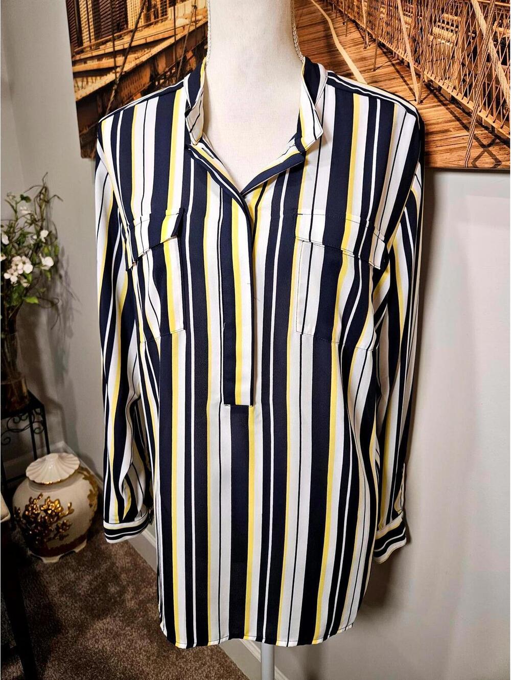 Christopher & Banks Navy & Yellow Striped Long Sleeve Blouse-XL